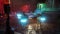 A cyber-security guard stands on a rainy street in a neon city and watches out for order. The rainy street of the city