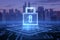 Cyber security intelligence concept with virtual glowing closed padlock symbol on digital platform on night city skyline