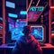 Cyber sportsman in headphones playing video game on his powerful gaming PC in dark neon room at night. Pro gamer participates in o