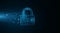 Cyber style security lock. Password protection of computer system data and files. Scientific background. Glowing blue motherboard