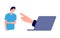 Cyberbullying. Sad man and hand from laptop. Internet harassment, online aggression or guilt complex vector illustration