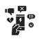 Cyberbullying victim hand holding smartphone black glyph icon. Abuse, internet, hate concept. Social media insult. Sign for web