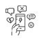 Cyberbullying victim hand holding smartphone black line icon. Abuse, internet, hate concept. Social media insult. Sign for web