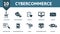 Cybercommerce icon set. Collection contain coupon, wishlist, online shop, secure payment and over icons. Cybercommerce elements