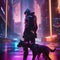 Cybernetic assassin, Ruthless cyborg assassin stalking its prey amidst a futuristic cityscape of neon lights and shadows3