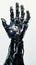 Cybernetic hand holding a tool illuminated by studio lighting on white background
