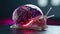 cybernetic transparent purple snail with electric lights and jewels and porcelain shell walking on shiny surface