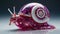 cybernetic transparent purple snail with electric lights and jewels and porcelain shell walking on shiny surface