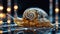 cybernetic transparent snail with lights and electrical terminations and porcelain shell walking on a shiny surface