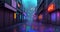 In a cyberpunk alley, neon signs cast a gritty glow on holographic graffiti, rain-soaked pavement glistens.