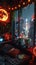 Cyberpunk apartment with neon lights high-tech gadgets