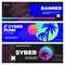Cyberpunk banners. Palm leaves and sunset in a bright neon lights in circle frame. Vaporwave, retrowave