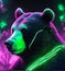 Cyberpunk bear in neon lighting, futuristic photorealistic illustration, AI