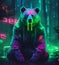 Cyberpunk bear in neon lighting, futuristic photorealistic illustration, AI