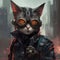 This is a cyberpunk cat. It wears a black jacket and suspenders, with red pupils and black glasses. Generative ai