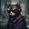 This is a cyberpunk cat. It wears a black jacket and suspenders, with red pupils and black glasses. generative ai