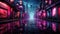 Cyberpunk city street, futuristic buildings with neon light at night