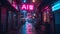 Cyberpunk city street at night, neon store signs of AI and Robot, dark grungy alley with buildings in low light. Concept of