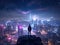 Cyberpunk Cityscape: A Man Stands on the Edge of a Hill Overlooking a Futuristic City