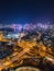 Cyberpunk color of the expressway and bridge in downtown Kowloon, Hong Kong