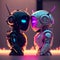cyberpunk cute couple robot on valentine, led glow, abstract futuristic background