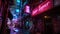 Cyberpunk dark street at night, gloomy alley with neon sign of robot repair store. City scene with grungy buildings and purple