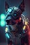 The cyberpunk dog illustration represents technology, strength, and speed. This illustration features a futuristic canine with
