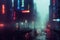 Cyberpunk dystopian cityscape, futurism in a foggy rainy city