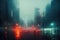 Cyberpunk dystopian cityscape, futurism in a foggy rainy city