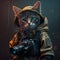 Cyberpunk Feline Shooter. Photography, neon, futuristic, kitten.