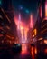 Cyberpunk futuristic city street at night with awersome beautifull Galaxy nebula in the sky