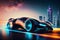 Cyberpunk futuristic Sports Car On Neon Highway. Powerful acceleration of a supercar on a night track with colorful