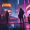 Cyberpunk heist, High-tech criminals executing a daring heist in a futuristic cityscape amidst neon lights and bustling crowds1