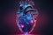 Cyberpunk high-tech neon glowing heart natural shape.