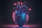 Cyberpunk high-tech neon glowing heart natural shape on dark background.