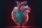 Cyberpunk high-tech neon glowing heart natural shape on dark background.