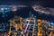 Cyberpunk mood of the aerial night cityscape, Kowloon, Hong Kong