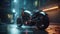 Cyberpunk motorcycle in a seedy downtown street of a fantasy dystopian future city. Cinematic 3D illustration. Generative AI