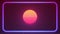 Cyberpunk neon background. Retro 80 s Sun. Pink blue light on dark backdrop. Rounded neon rectangle. Copy space. Vaporwave style