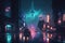 Cyberpunk neon city at night, futuristic buildings and TV tower in rain, generative AI