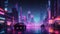 Cyberpunk neon city night. Futuristic city scene in a style of pixel art. 80s wallpaper.