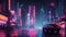 Cyberpunk neon city night. Futuristic city scene in a style of pixel art. 80s wallpaper.
