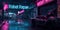 Cyberpunk neon city street at night, dark grungy alley with robot repair workshop. Urban scene with futuristic buildings and