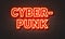 Cyberpunk neon sign on brick wall background.