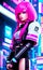 Cyberpunk Pretty Pink Hair Teen Girl in a Futuristic Techno Cityscape