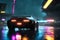 Cyberpunk racing futuristic car speeds through neon-lit stadium