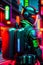 cyberpunk robot wearing futuristic tactical outfit on the dystopian streets. Neon city nightlife sci fi military soldier.