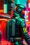 cyberpunk robot wearing futuristic tactical outfit on the dystopian streets. Neon city nightlife sci fi military soldier.