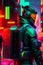 cyberpunk robot wearing futuristic tactical outfit on the dystopian streets. Neon city nightlife sci fi military soldier.
