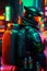 cyberpunk robot wearing futuristic tactical outfit on the dystopian streets. Neon city nightlife sci fi military soldier.